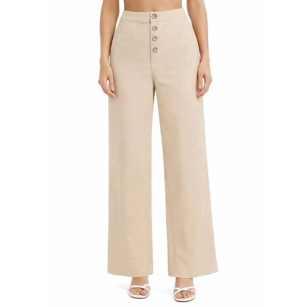 Front Button Stretchable Wide Leg Pants Beige
