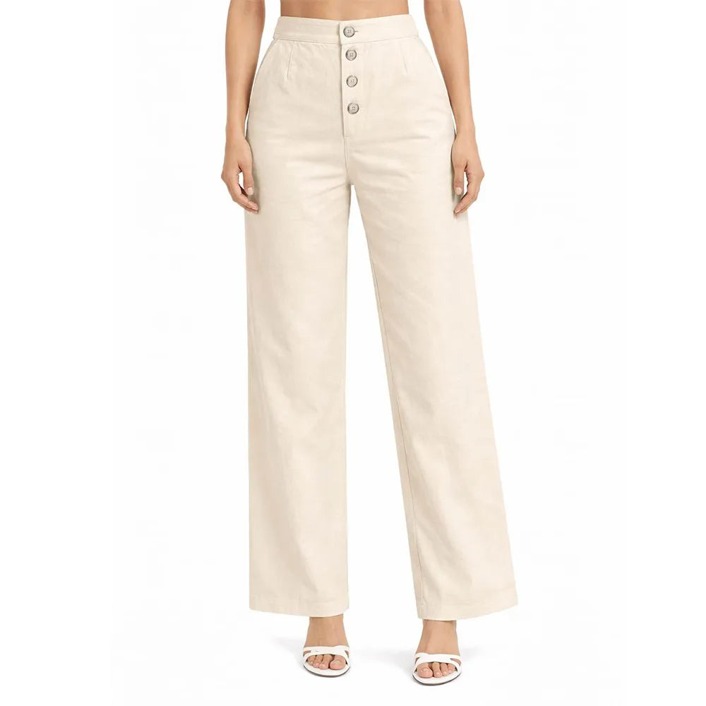 Front Button Stretchable Wide Leg Pants cream