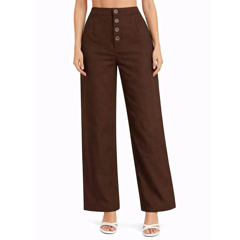 Front Button Stretchable Wide Leg Pants coffee