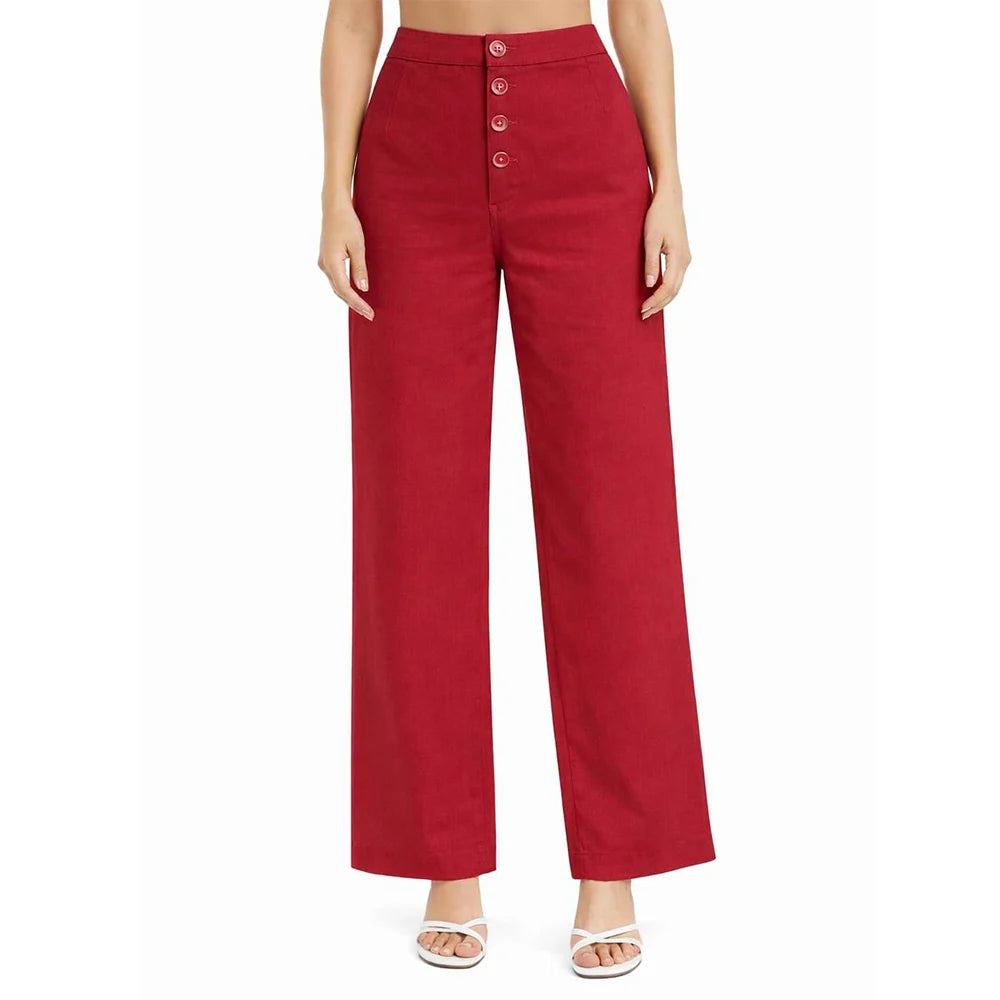 Front Button Stretchable Wide Leg Pants red
