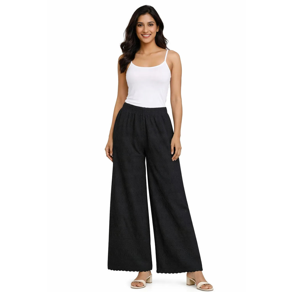 Women's Full Chikan Work Heavy Rayon Palazzo black