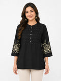 Elegant Black Cotton Tunic with Embroidered Sleeves