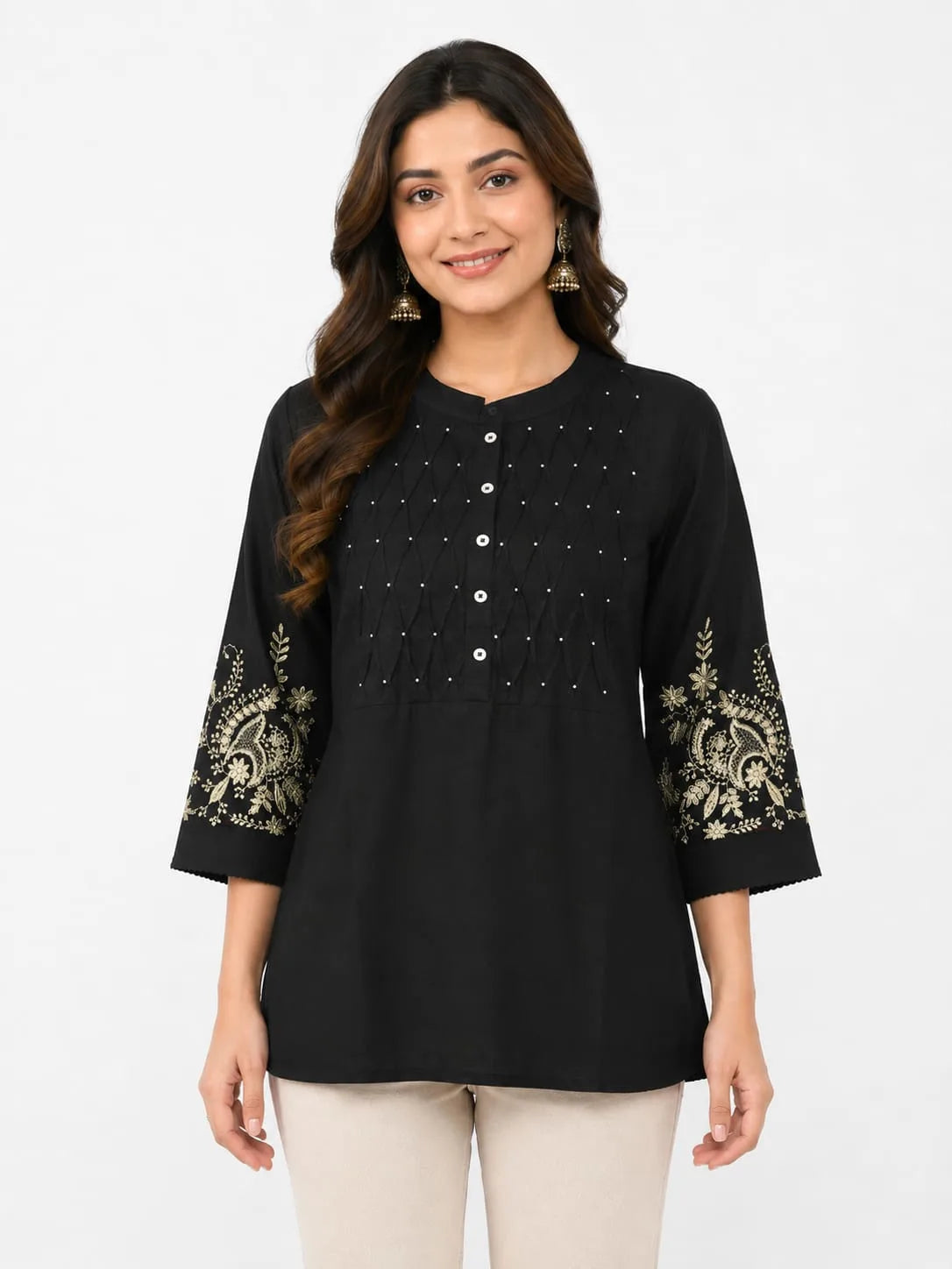 Elegant Black Cotton Tunic with Embroidered Sleeves