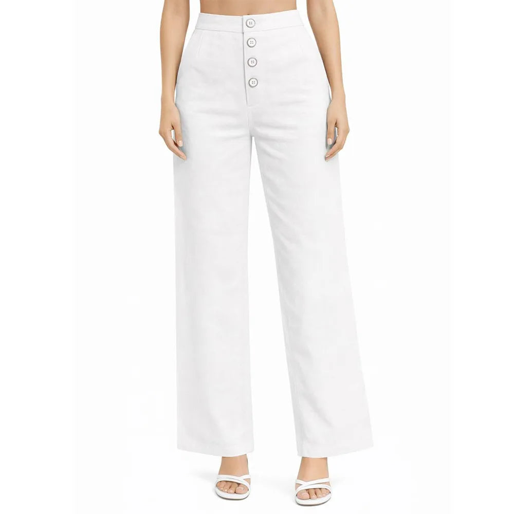 Front Button Stretchable Wide Leg Pants white