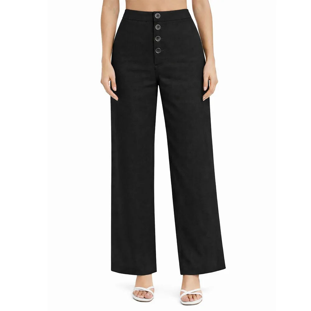 Front Button Stretchable Wide Leg Pants black