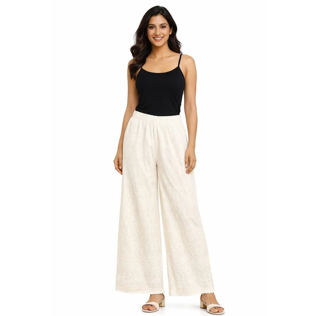 Women's Full Chikan Work Heavy Rayon Palazzo cream