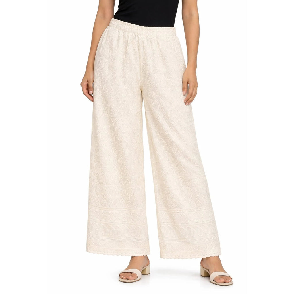 Women's Full Chikan Work Heavy Rayon Palazzo cream
