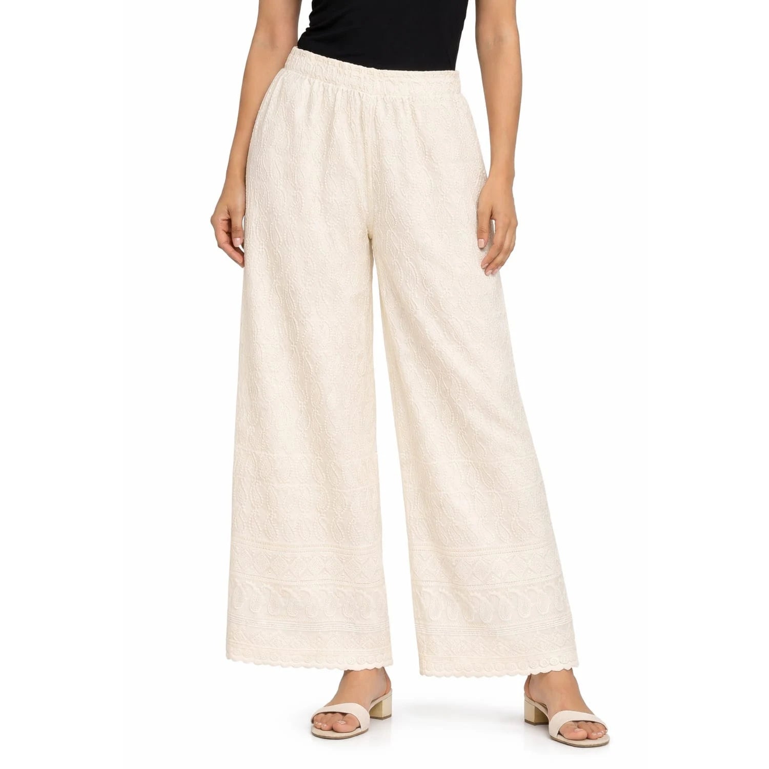 Women's Full Chikan Work Heavy Rayon Palazzo cream
