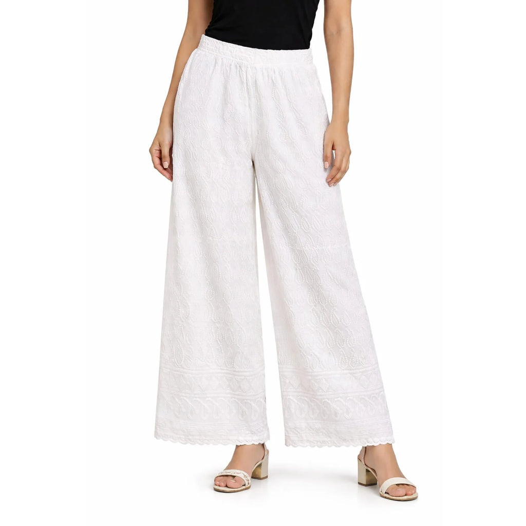 Women's Full Chikan Work Heavy Rayon Palazzo white