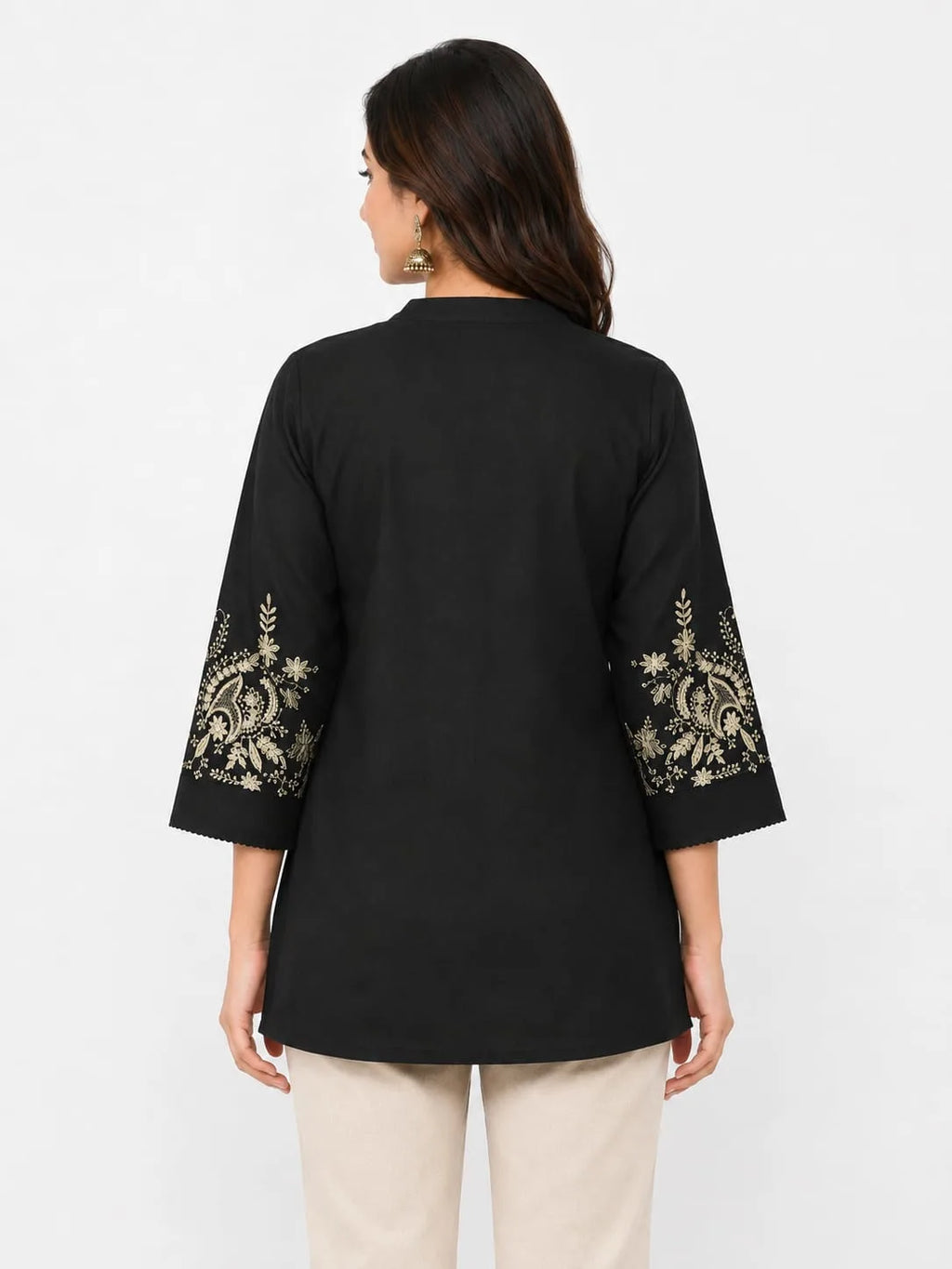 Elegant Black Cotton Tunic with Embroidered Sleeves