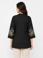 Elegant Black Cotton Tunic with Embroidered Sleeves