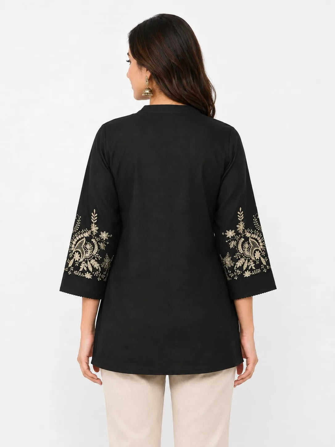 Elegant Black Cotton Tunic with Embroidered Sleeves