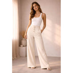 Front Button Stretchable Wide Leg Pants cream