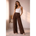 Front Button Stretchable Wide Leg Pants coffee