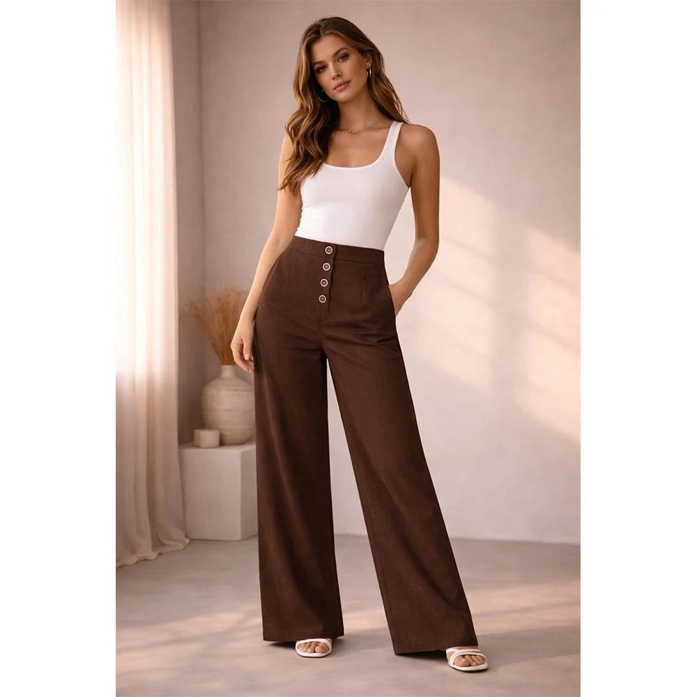 Front Button Stretchable Wide Leg Pants coffee