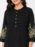 Elegant Black Cotton Tunic with Embroidered Sleeves