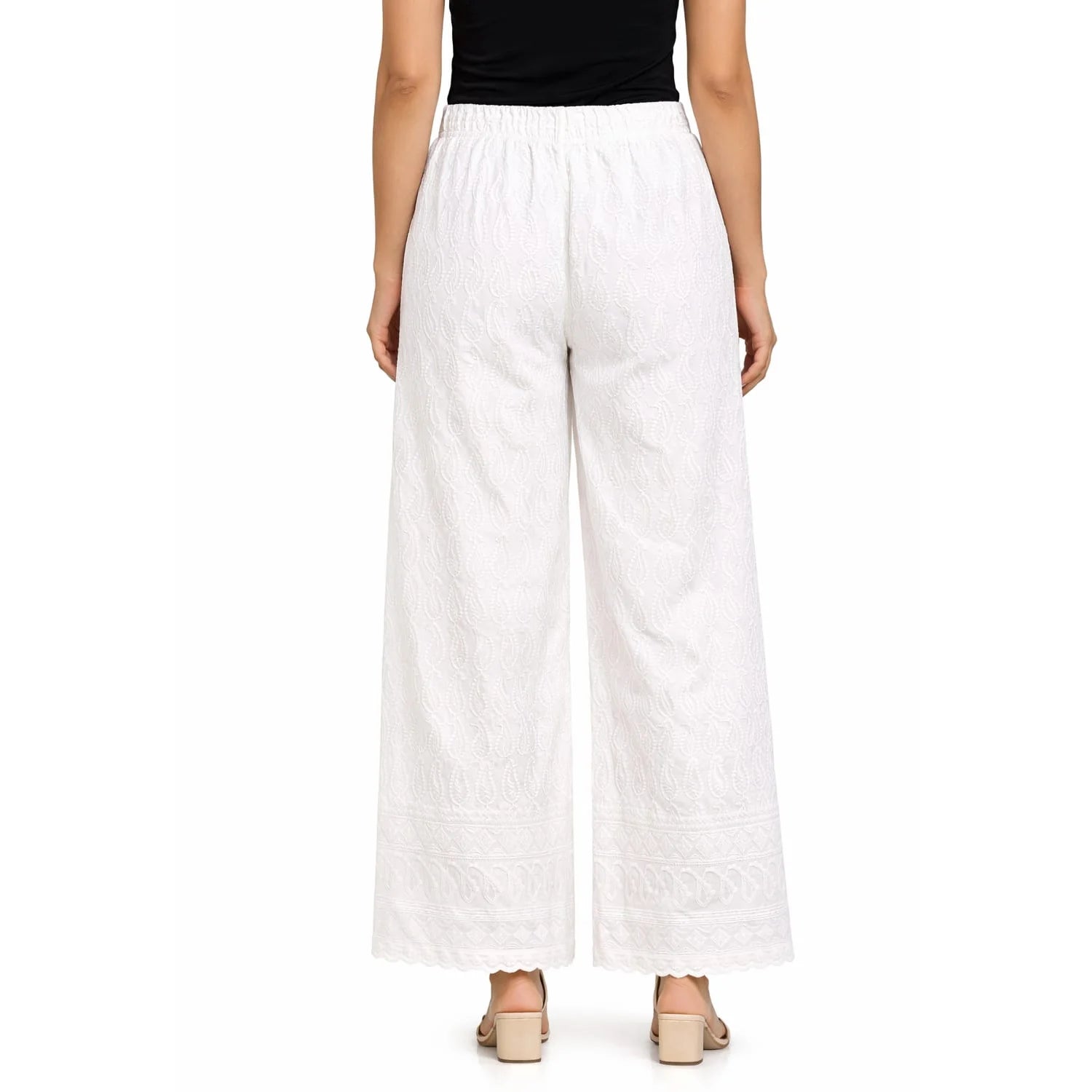 Women's Full Chikan Work Heavy Rayon Palazzo white
