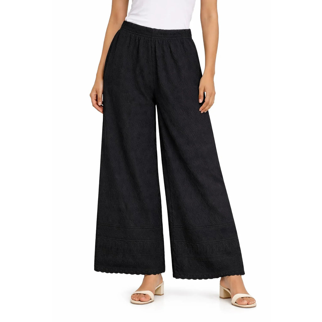 Women's Full Chikan Work Heavy Rayon Palazzo black