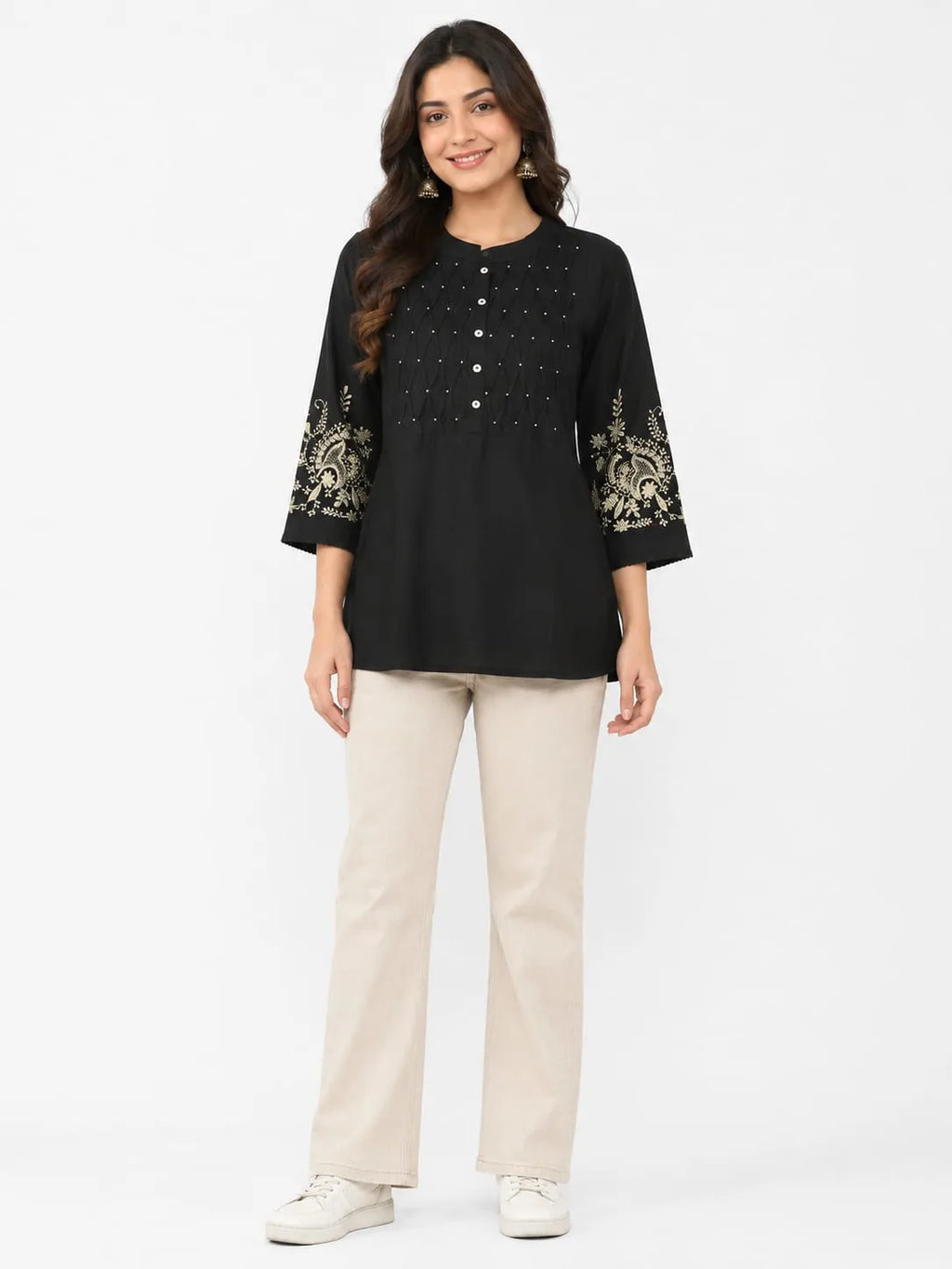 Elegant Black Cotton Tunic with Embroidered Sleeves