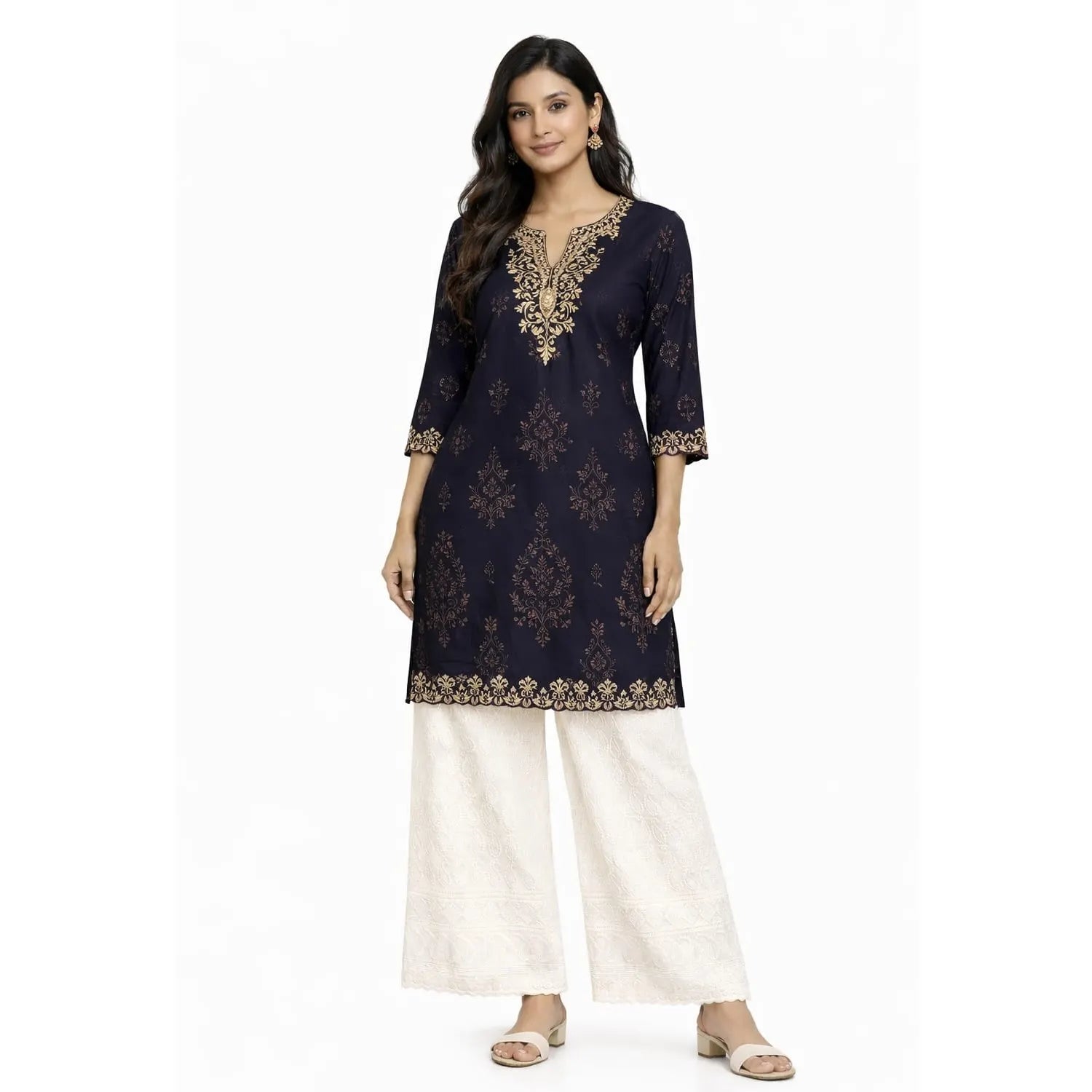 Women's Full Chikan Work Heavy Rayon Palazzo cream