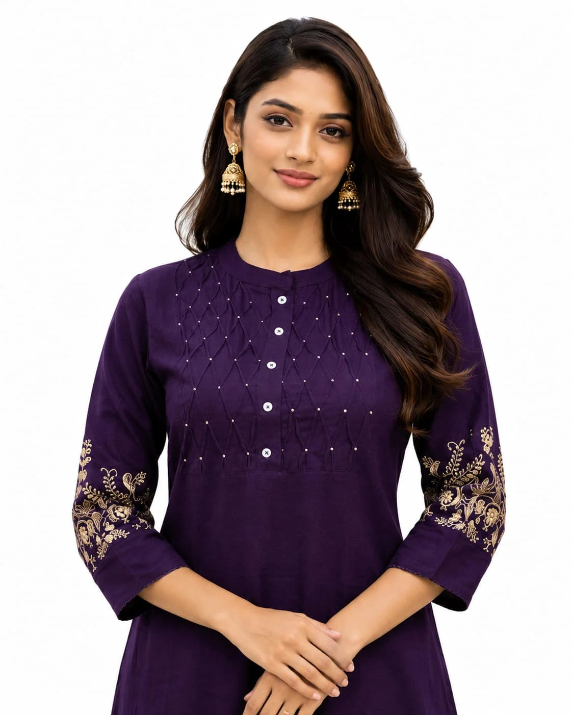 Elegant Wine Cotton Tunic with Embroidered Sleeves
