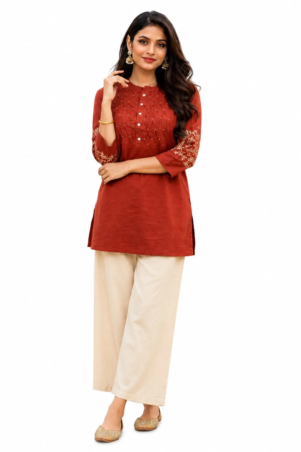 Elegant Rust Cotton Tunic with Embroidered Sleeves