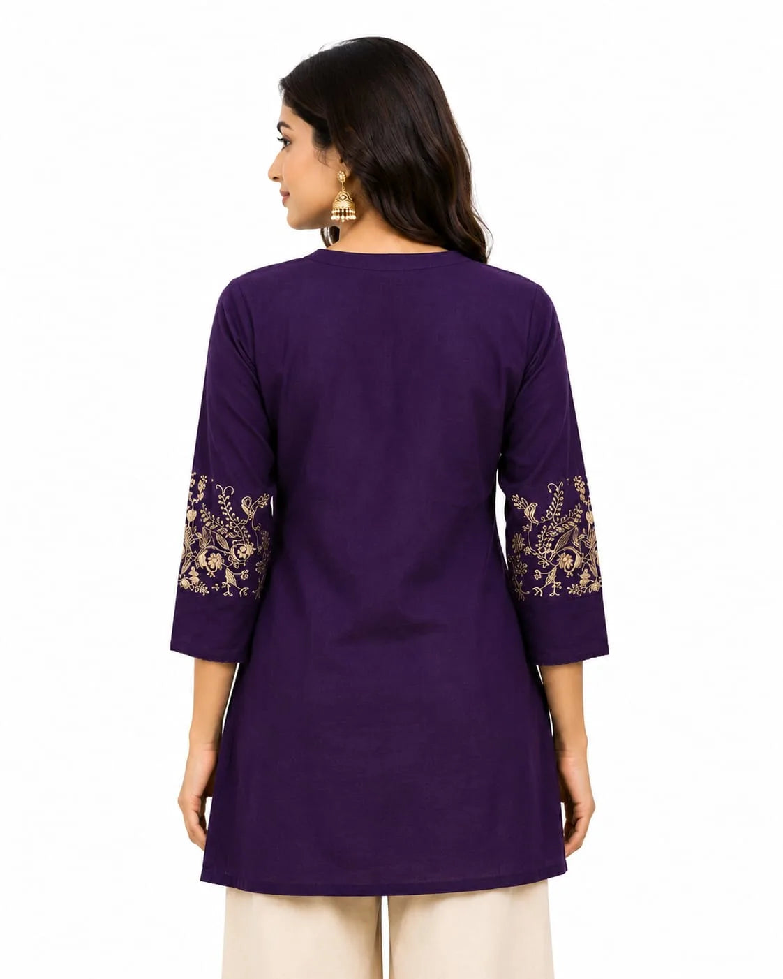 Elegant Wine Cotton Tunic with Embroidered Sleeves