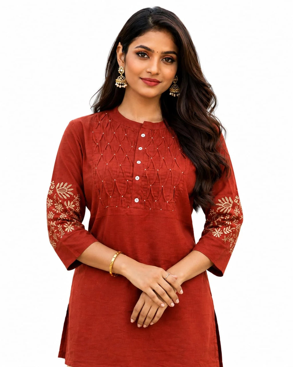 Elegant Rust Cotton Tunic with Embroidered Sleeves