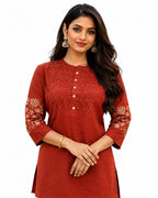 Elegant Rust Cotton Tunic with Embroidered Sleeves