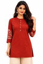 Elegant Rust Cotton Tunic with Embroidered Sleeves