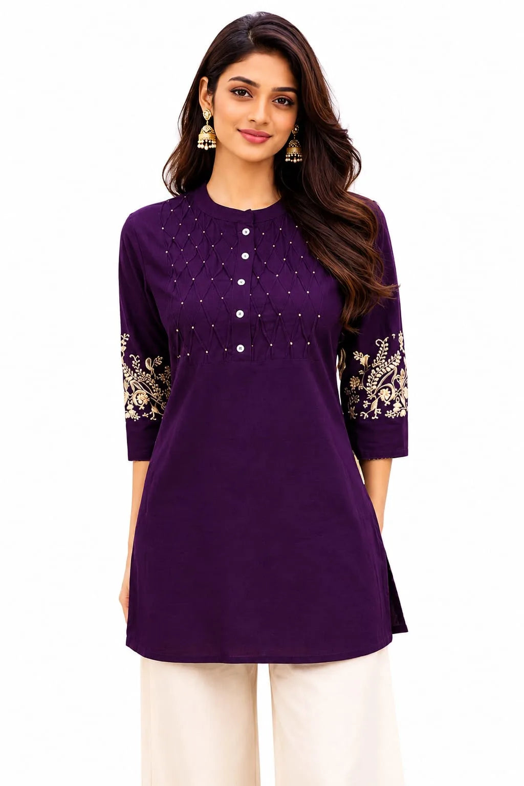 Elegant Wine Cotton Tunic with Embroidered Sleeves