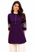 Elegant Wine Cotton Tunic with Embroidered Sleeves