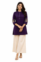 Elegant Wine Cotton Tunic with Embroidered Sleeves