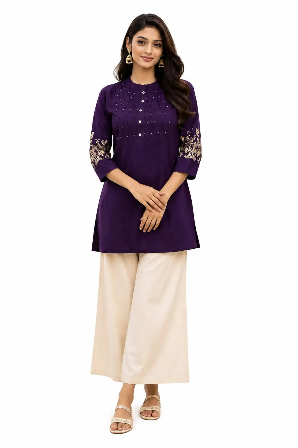 Elegant Wine Cotton Tunic with Embroidered Sleeves
