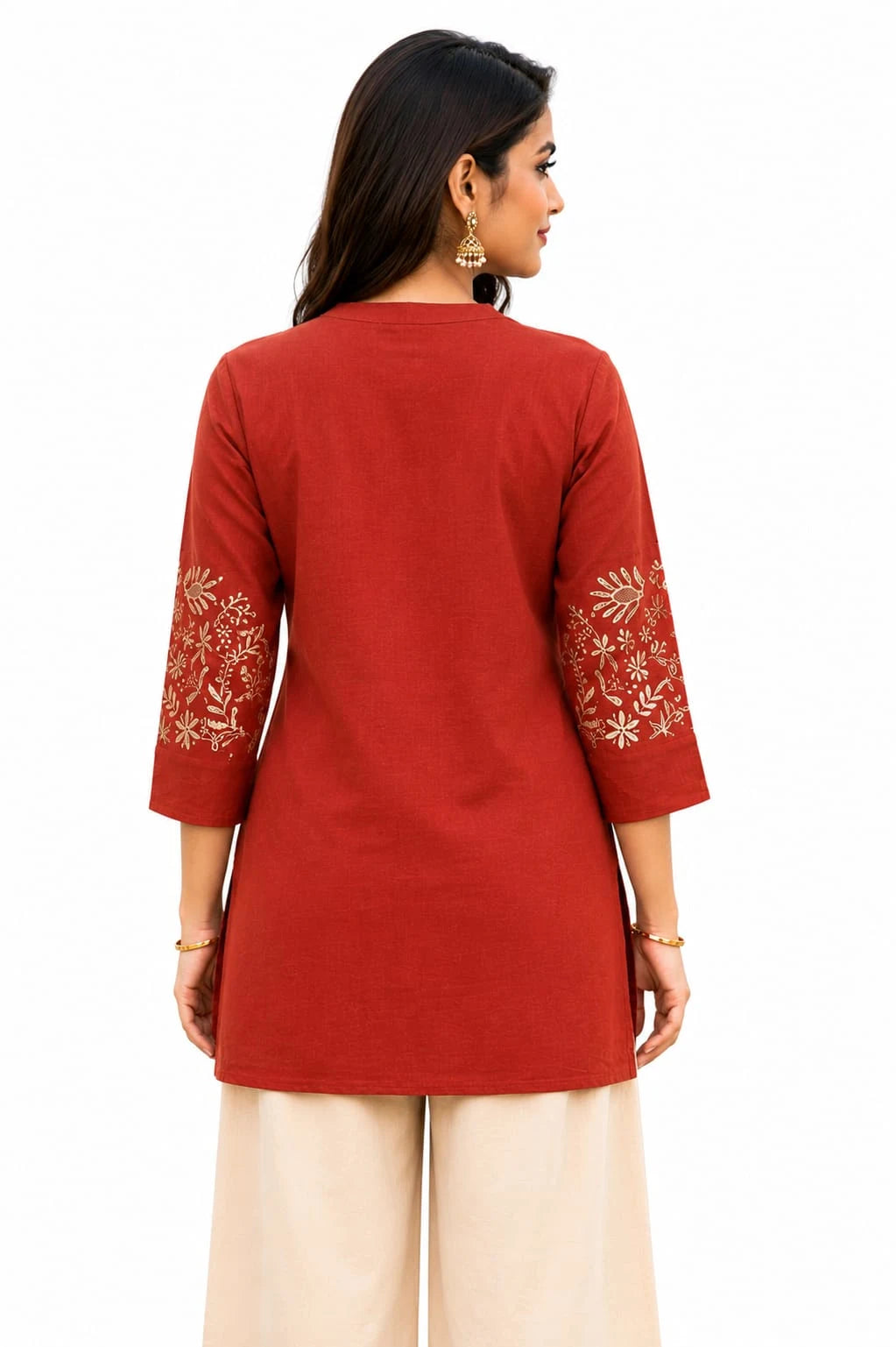Elegant Rust Cotton Tunic with Embroidered Sleeves